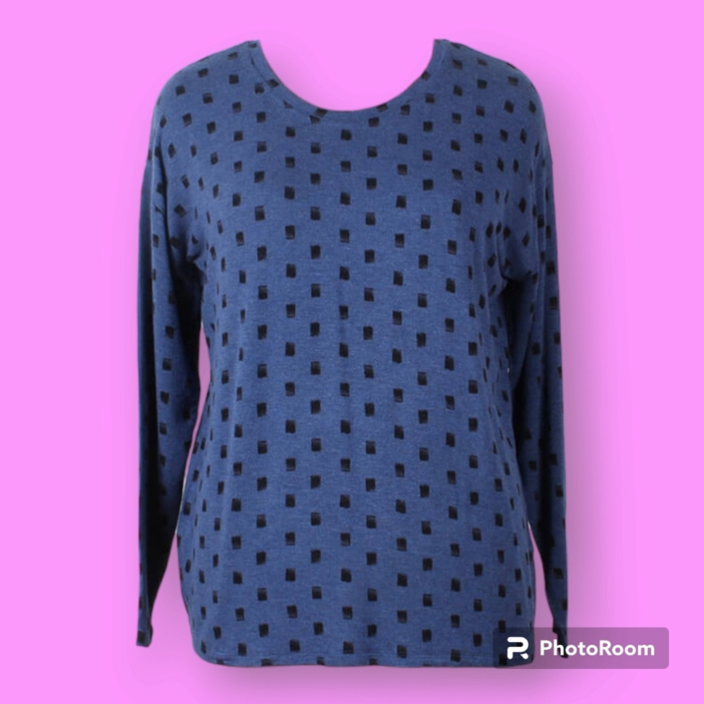 Kensie Women's Blue & Black Dot Print Long-Sleeved Top Size XL